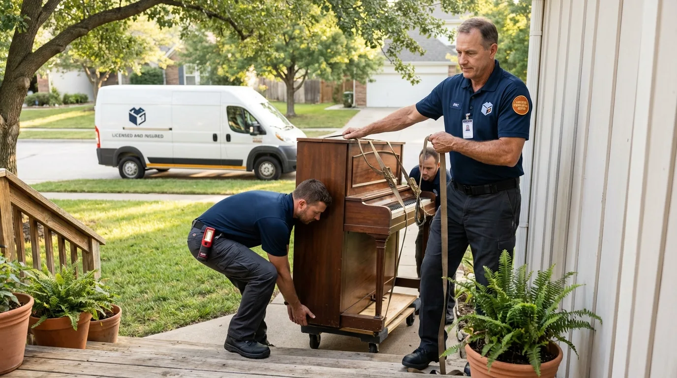 Licensed piano movers securing grand piano in Ferdinand, IN