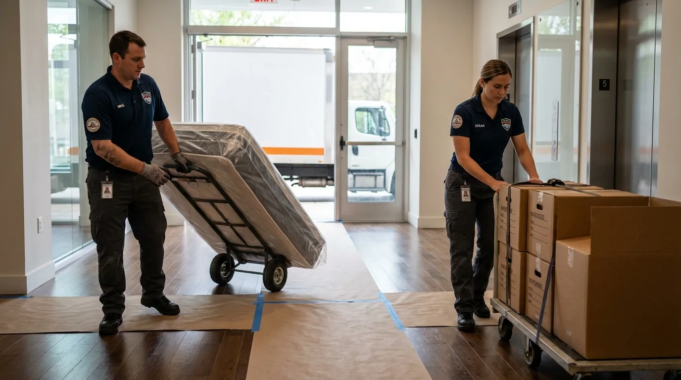 Professional apartment movers loading elevator in Ferdinand, IN